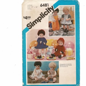 May include: Vintage Simplicity sewing pattern for a large doll, size 17"-18". The pattern features several dolls in various outfits, including dresses and overalls. The price is $4.00 U.S.A. The pattern number is 6481.