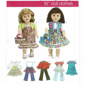 May include: An image of doll clothes patterns. Two dolls are dressed in floral dresses, one with a green shrug and the other with a denim vest. Additional outfits include a ruffled top, skirt and jeans, a red fringed jacket and green pants, and a blue dress.