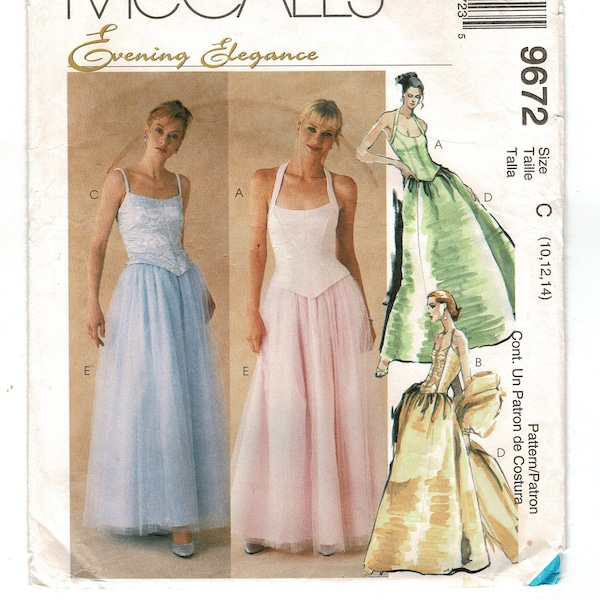 McCalls 9672 Misses Lined Top, Long Skirt & Stole Ladies Sewing Pattern, Prom Gown Evening Elegance Size 10 12 14 Complete 1990s Uncut FF