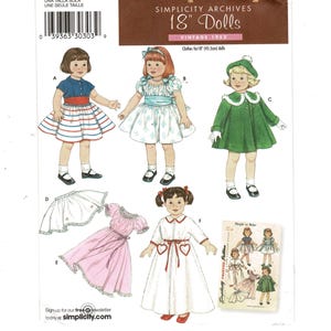 May include: Vintage Simplicity Archives sewing pattern for 18-inch dolls. The pattern features illustrations of doll clothes, including dresses and a coat. The pattern includes the text "Clothes for 18" (45.5cm) dolls".