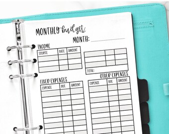 Monthly Budget Printable, Printable Monthly Budget Insert, Ring Bound, Includes Letter, Half Letter, & A5