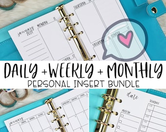 Personal Size Planner Inserts, Daily, Weekly, Monthly Insert Bundle, Printed Personal Inserts, Vertical Weekly Layout