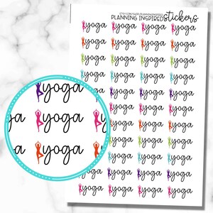 May include: A sheet of stickers with the word "yoga" in a handwritten font, each accompanied by a colorful silhouette of a person in a yoga pose. The stickers are in various colors, including purple, pink, orange, green, and blue.