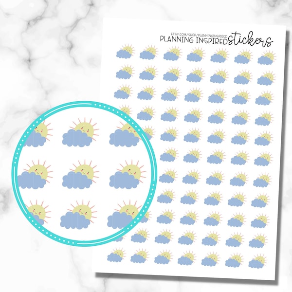 Weather Stickers for Planners and Calendars, Weather Icon Stickers, Partly Cloudy, set of 77