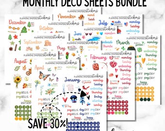 Monthly Stickers for Planners, Journals, and more | Monthly Planner Sticker Kit Bundle of 12 Months