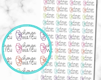 May include: Sheet of colorful stickers with the words "charge watch" and a graphic of a smartwatch. The stickers are in various colors, including purple, pink, orange, green, and blue. The text "PLANNING INSPIRED stickers" is at the top.