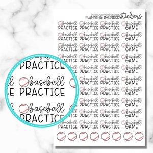 May include: Sheet of stickers with baseball-themed text and graphics. The stickers include the words "baseball", "practice", and "game" in a handwritten font, along with baseball illustrations. The stickers are designed for planning and organization.