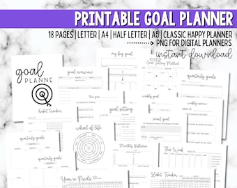 Planificateur d’objectifs imprimable, Imprimez votre propre planificateur d’objectifs, Planificateur d’établissement d’objectifs comprend 18 pages, format Happy Planner, A5, Lettre et plus encore!