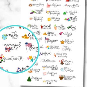 May include: A sheet of planning stickers with various holiday and seasonal themes. The stickers include text such as "New Years Day", "Memorial Day", "Juneteenth", and "4th of July". The stickers are colorful and feature illustrations.