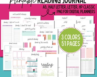 Diario de lectura imprimible, registro de lectura, planificador, páginas de reseñas de libros, registro de lectura, planificador digital (PNG/PDF)