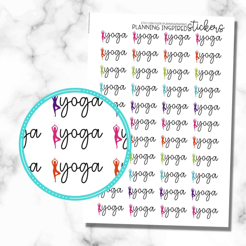May include: A sheet of stickers with the word "yoga" in a handwritten font, each accompanied by a colorful silhouette of a person in a yoga pose. The stickers are in various colors, including purple, pink, orange, green, and blue.