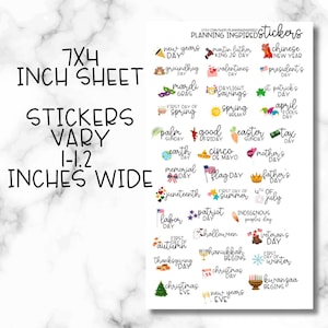 May include: A 7x4 inch sticker sheet with various holiday-themed stickers. Stickers vary from 1 to 1.2 inches wide. Includes stickers for New Year's, Valentine's Day, St. Patrick's Day, and more. The text "Planning Inspired Stickers" is also visible.
