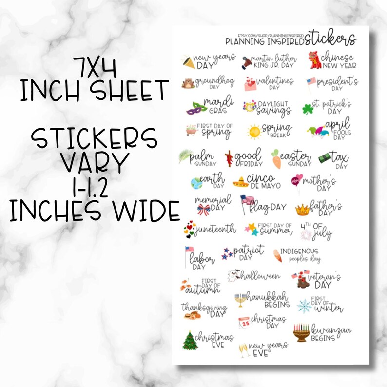 May include: A 7x4 inch sticker sheet with various holiday-themed stickers. Stickers vary from 1 to 1.2 inches wide. Includes stickers for New Year's, Valentine's Day, St. Patrick's Day, and more. The text "Planning Inspired Stickers" is also visible.