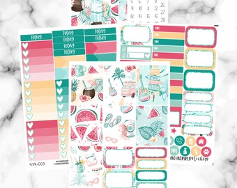 May include: A collection of planner stickers with a tropical theme. The stickers feature watermelon slices, palm trees, and beach scenes in shades of pink, teal, and yellow. Some stickers have the text "TODAY" and "BILL DUE".