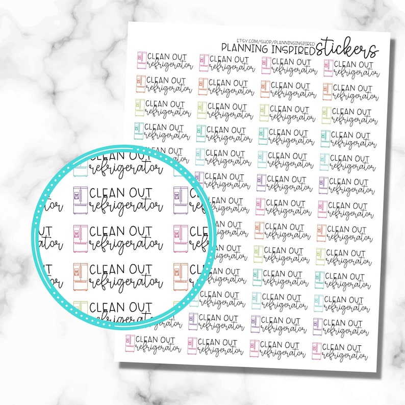May include: Sheet of planner stickers with the text "CLEAN OUT refrigerator" and a small refrigerator graphic. The stickers are in various colors, including pink, blue, green, and purple. The text "PLANNING INSPIRED stickers" is at the top.