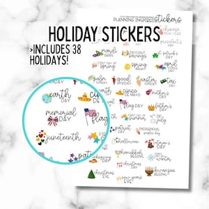 May include: A sheet of holiday stickers with the text "HOLIDAY STICKERS" and "INCLUDES 38 HOLIDAYS!". The stickers feature various holiday names and icons, including "Memorial Day", "Juneteenth", and "4th of July".