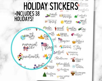 Holiday Planner Stickers, US Holiday Stickers for Planners, Calendars, set of 38
