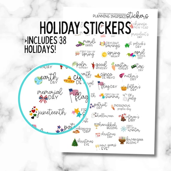 Holiday Planner Stickers, US Holiday Stickers for Planners, Calendars, set of 38