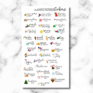 May include: A sheet of stickers with various holiday and seasonal themes. The stickers include text such as "New Year's Day," "Valentine's Day," "Mardi Gras," and "Christmas Eve." The stickers are designed for planning and organization.