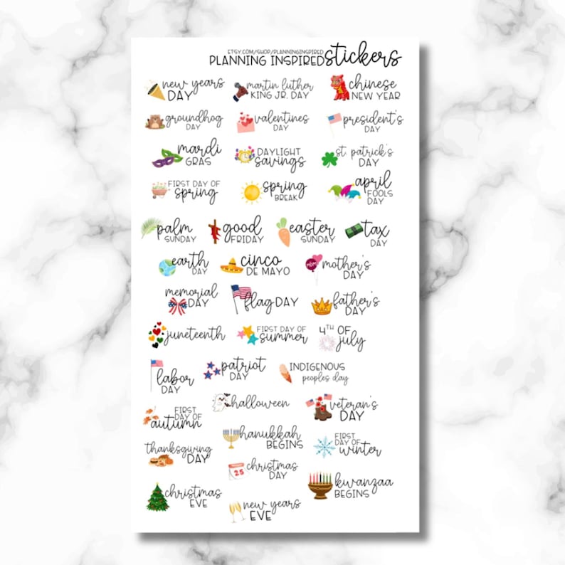 May include: A sheet of stickers with various holiday and seasonal themes. The stickers include text such as "New Year's Day," "Valentine's Day," "Mardi Gras," and "Christmas Eve." The stickers are designed for planning and organization.