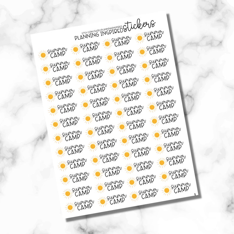 May include: A sheet of stickers with a white background. Each sticker features the words "Summer Camp" in a handwritten font, with a smiling sun graphic. The stickers are yellow and black, ideal for planners and crafts.