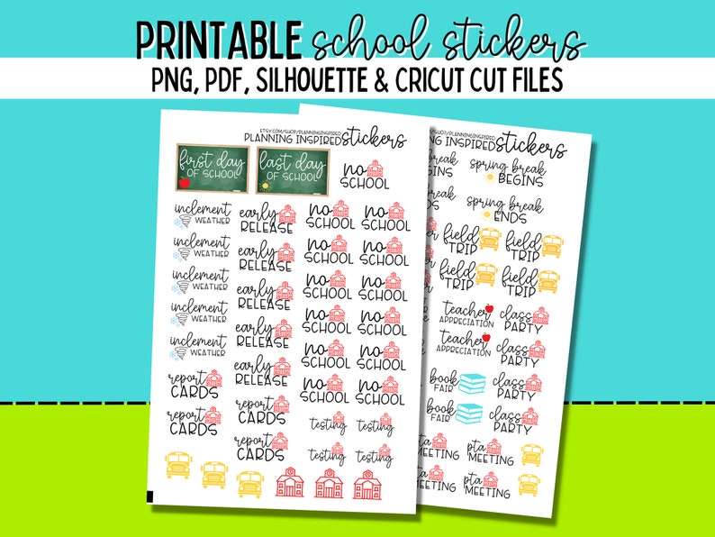 Printable School Stickers, Printable Planner Stickers, School Planner Stickers Printable, PDF, PNG, Silhouette & Cricut image 1