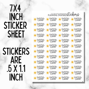 May include: A sticker sheet, 17.8cm x 10.2cm, with multiple "Summer Camp" stickers. Each sticker has a yellow sun graphic. The stickers are 1.3cm x 2.8cm in size.