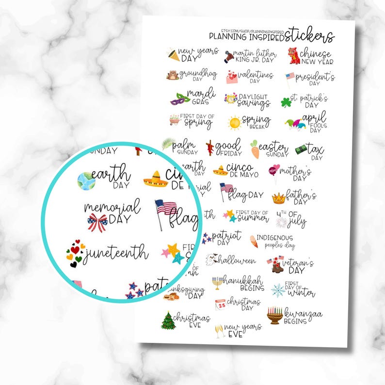 May include: A sheet of planning stickers with various holiday and seasonal themes. The stickers include text such as "New Years Day", "Memorial Day", "Juneteenth", and "4th of July". The stickers are colorful and feature illustrations.