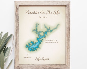 Personalized Lake House Map, Custom Lake Art, Vacation Home Decor, Watercolor Vintage-style Map, Custom 8x10 Map Fine Art Print