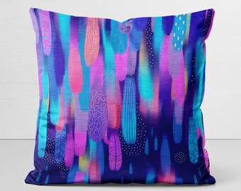 Pillow Cover, original art, Touch of Flight, whimsical abstract, colorful raindrop, boho feather, velveteen pillow case