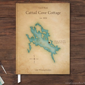Lake House Guest Book, Vintage Style Watercolor Map, Vacation Home Guest Book, Rental Property Guest Book, Housewarming Gift, Any Location