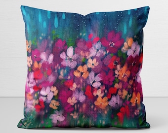 Floral Pillow Cover, original art, Radiant Return, velveteen pillow case, colorful flowers