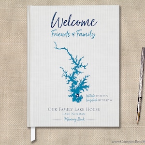 Livre d'or personnalisé avec carte du lac, n'importe quel lac, cadeau Lake House, livre de bienvenue, livre de souvenirs à la maison, livre d'or du lac Norman en Caroline du Nord