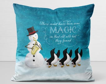 Snowman and Penguin Pillow Cover, original art, Candy Cane Swing, winter, Christmas, holiday, velveteen pillow case