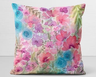 Floral Pillow Cover, original watercolor art, Dawnlight Bloom, velveteen pillow case