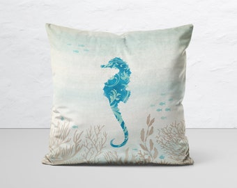 Watercolor Seahorse Throw Pillow Cover, 18"x18" Velveteen Coral Reef Seahorse Pillow Cover, Original Art, Beach House Decor