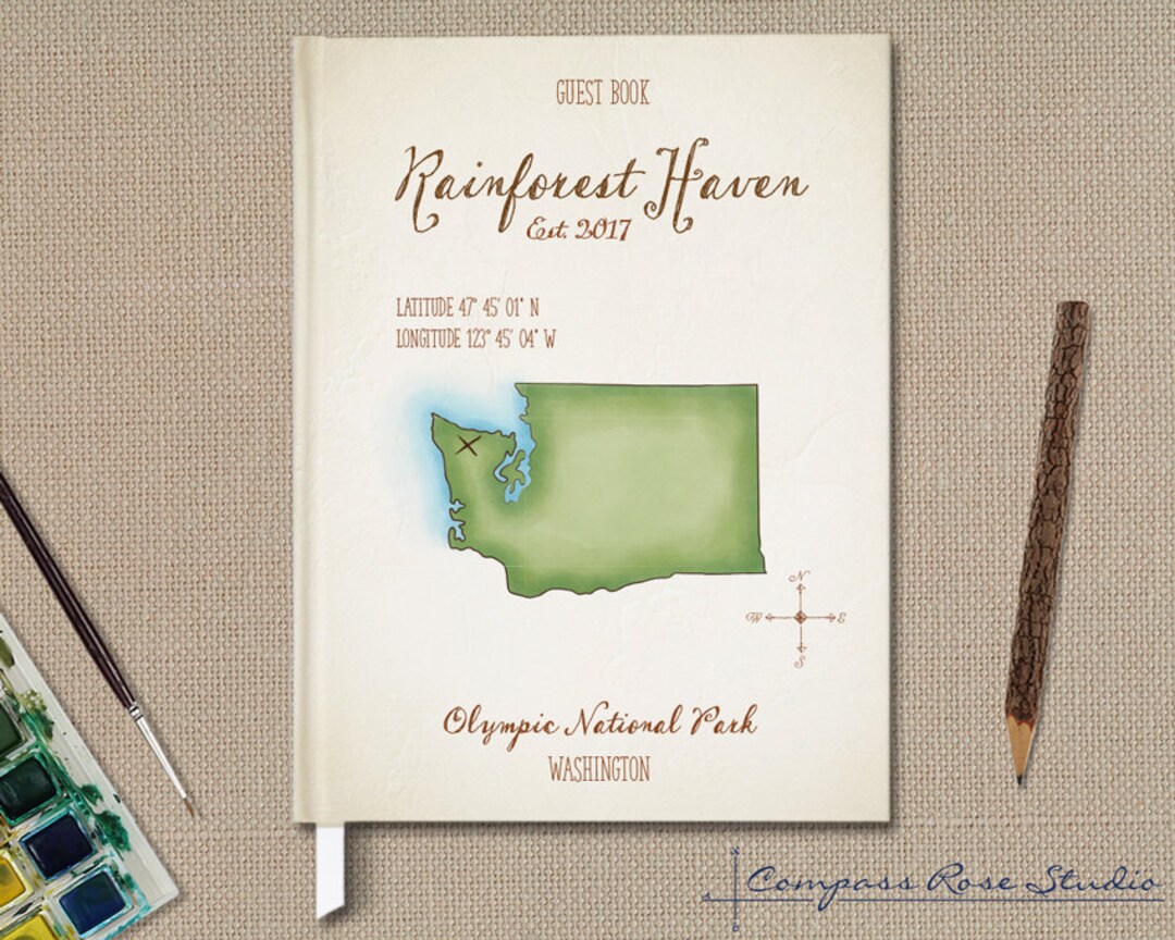 Personalized Lake House Guest Book, Vacation Home Watercolor Map