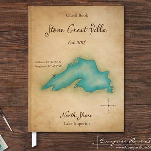 Personalized Lake House Guest Book, Vacation Home Watercolor Map Guest Book, Rental Property Guest Book, Housewarming, Any Location Antique (dark tan)