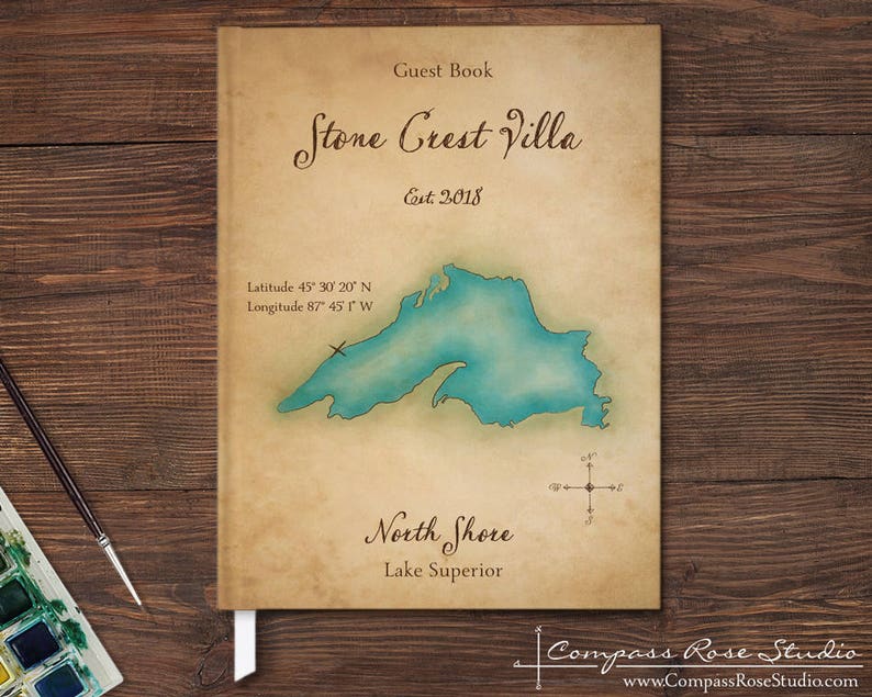 Personalized Lake House Guest Book, Vacation Home Watercolor Map Guest Book, Rental Property Guest Book, Housewarming, Any Location Antique (dark tan)