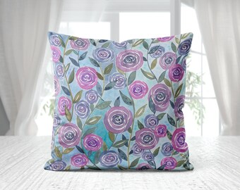 Watercolor Roses Throw Pillow Cover, 18"x18" Velveteen Pillow Cover, Original Watercolor Art, Flower Decor