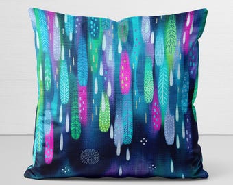 Pillow Cover, original art, Rainlight, whimsical abstract, colorful rain, velveteen pillow case