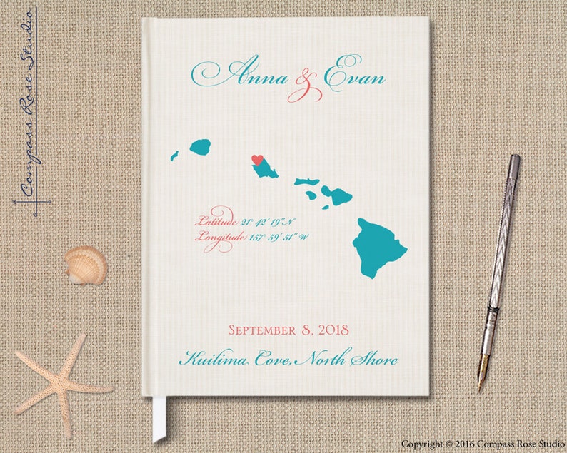 Custom Vintage Guest Book Maui Hawaii Wedding Guest Book Any Country or State Map Guestbook Elopement Reception Guest Book