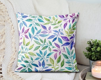 Watercolor Jewel Tone Leaves Throw Pillow Cover, 18"x18" Velveteen Pillow Cover, Original Watercolor Art, Rainbow Jewel Leaves