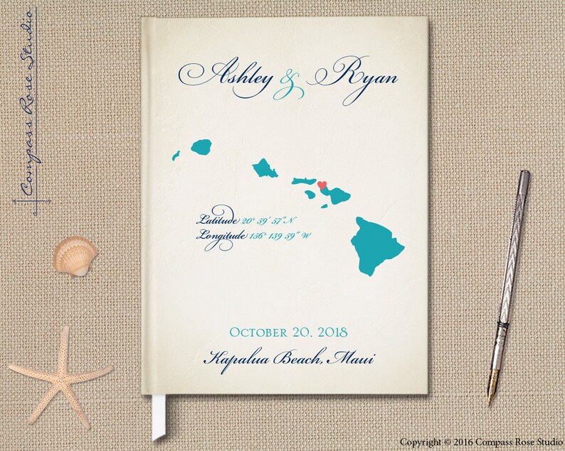 Custom Vintage Guest Book Maui Hawaii Wedding Guest Book Any Country or State Map Guestbook Elopement Reception Guest Book