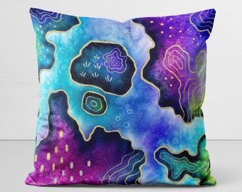 Pillow Cover, original art, Terra Lucinda, whimsical map of imaginary land, velveteen pillow case