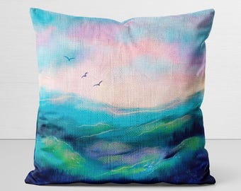 Glowing Landscape Pillow Cover, original art, Whispers of Cloudlight, velveteen pillow case