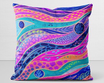 Neon Tide Pillow Cover, original art, whimsical abstract, coral reef inspired, velveteen pillow case