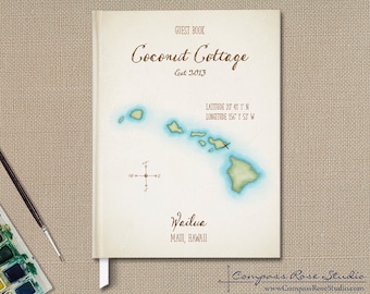 Personalized Vacation Home Guest Book, Hawaii Watercolor Map Guest Book, Rental Home Guest Book, Housewarming Gift, Any Location