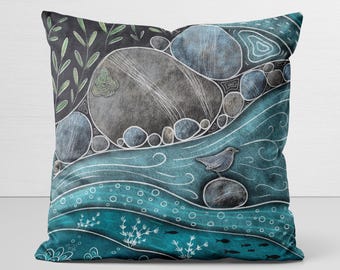 American Dipper Pillow Cover, original art, velveteen pillow case, bird lover gift
