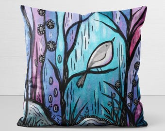 Woodland Pillow Cover, original art, Phoebe at Twilight, velveteen pillow case, bird lover gift